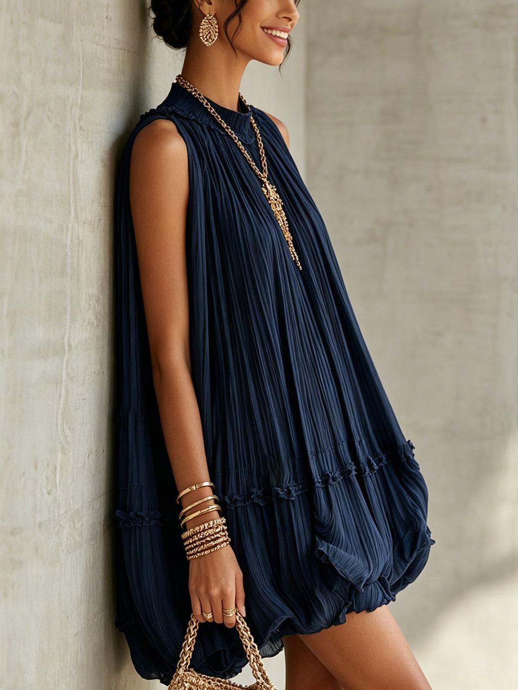 Mini Bubble Šaty Chiffon Ruffle S Halter Krkem Námořnická Modrá