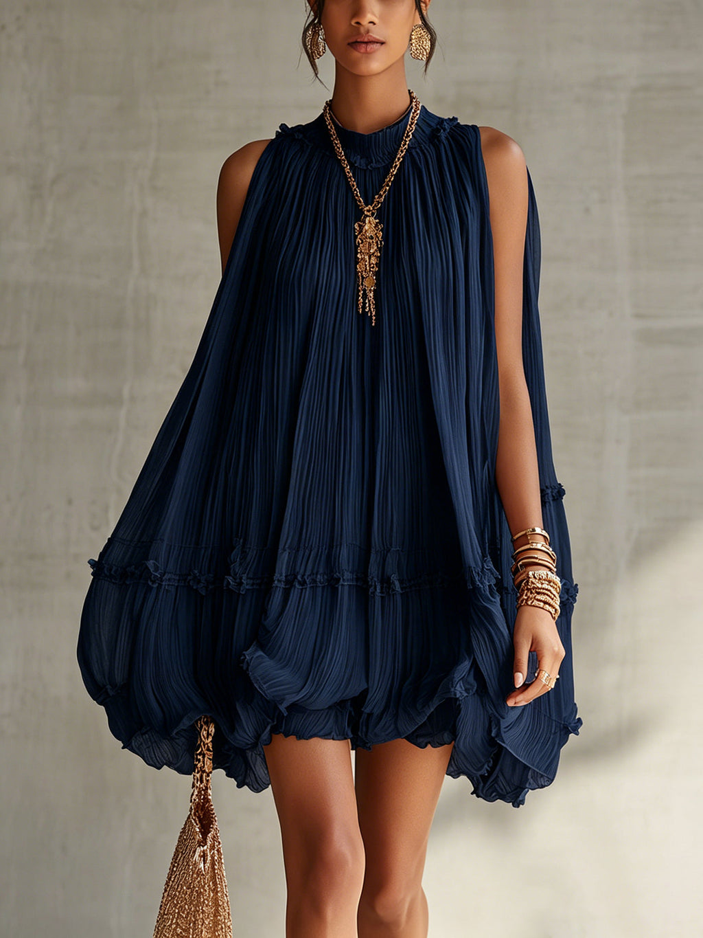 Mini Bubble Šaty Chiffon Ruffle S Halter Krkem Námořnická Modrá