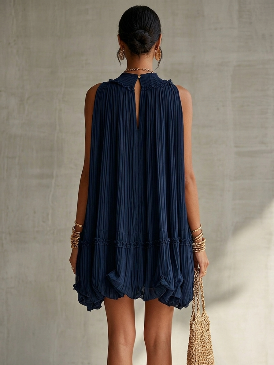 Mini Bubble Šaty Chiffon Ruffle S Halter Krkem Námořnická Modrá