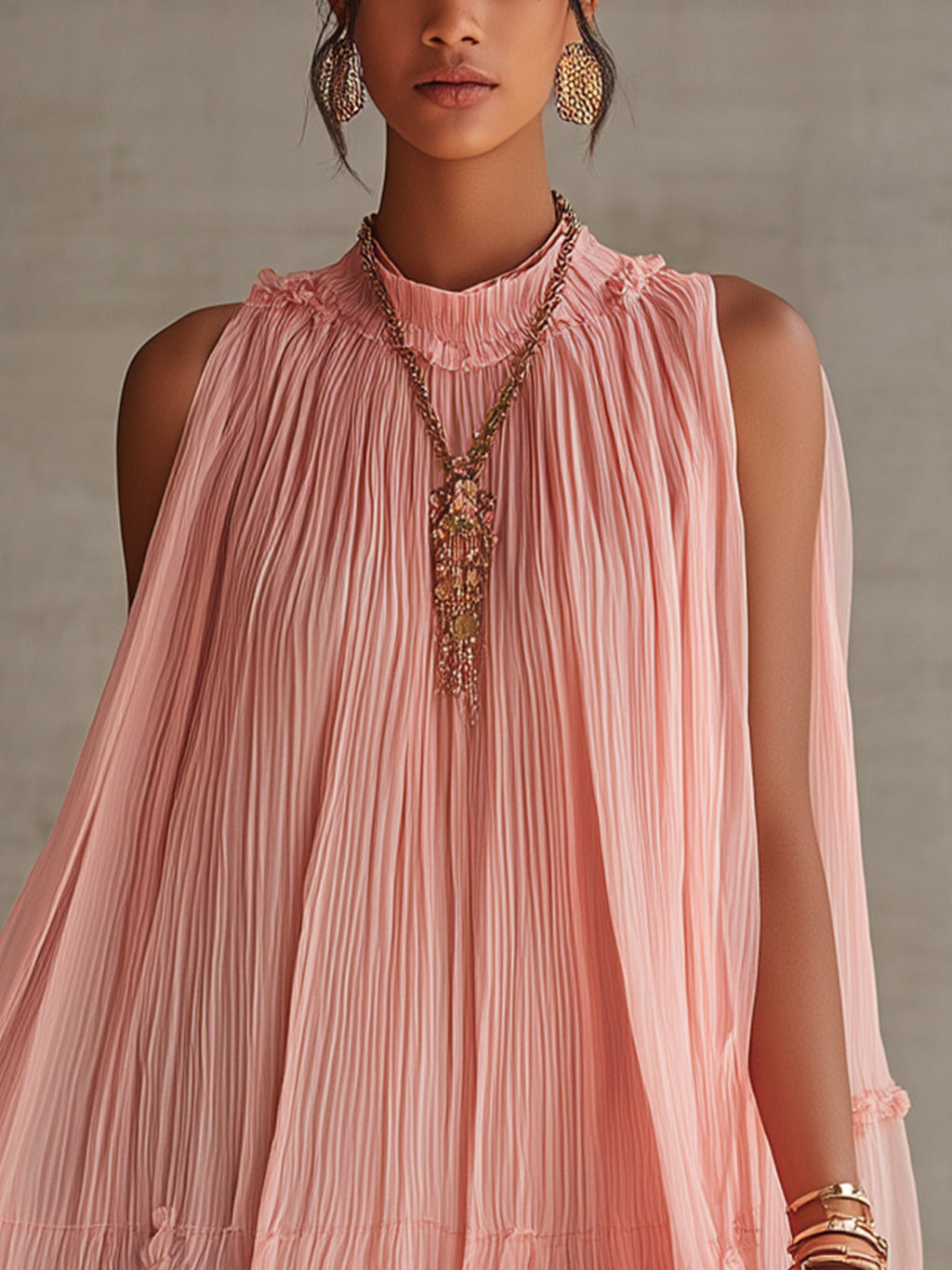 Růžové Pruhované Mini Chiffon Šaty s Halter Výstřihem