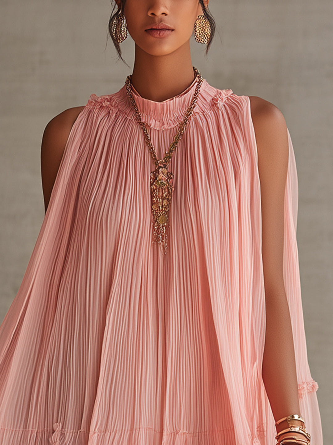 Růžové Pruhované Mini Chiffon Šaty s Halter Výstřihem