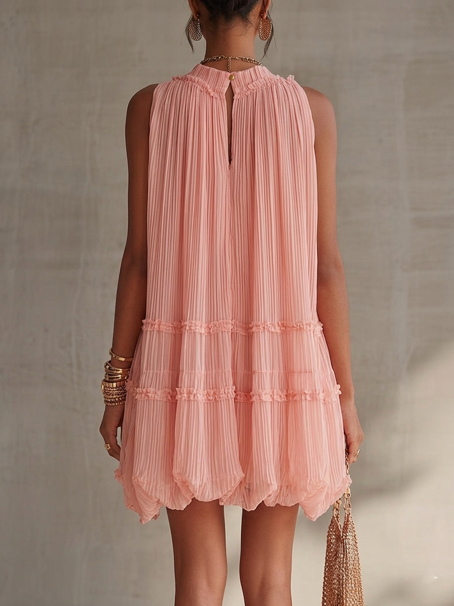 Růžové Pruhované Mini Chiffon Šaty s Halter Výstřihem