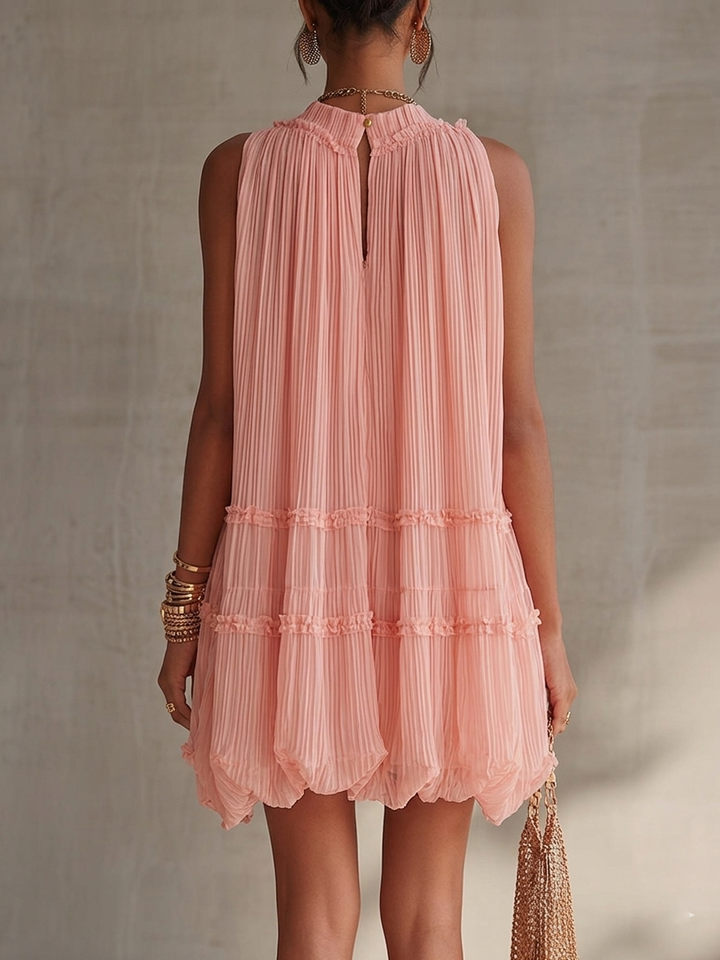 Růžové Pruhované Mini Chiffon Šaty s Halter Výstřihem