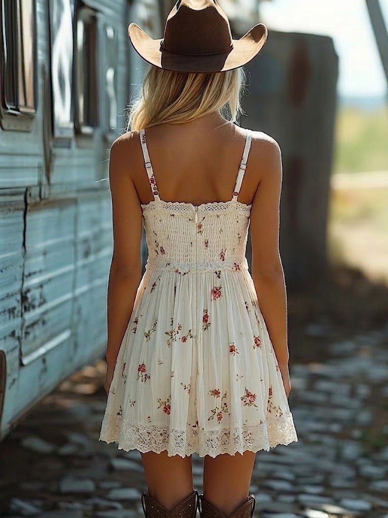 Mini Boho Šaty s Nastavitelnými Ramínky a Bílým Květinovým Vzorem