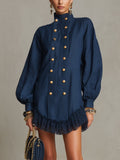 Námořnická Modrá Hladká Mini Šaty s Knoflíky a Růžemi
