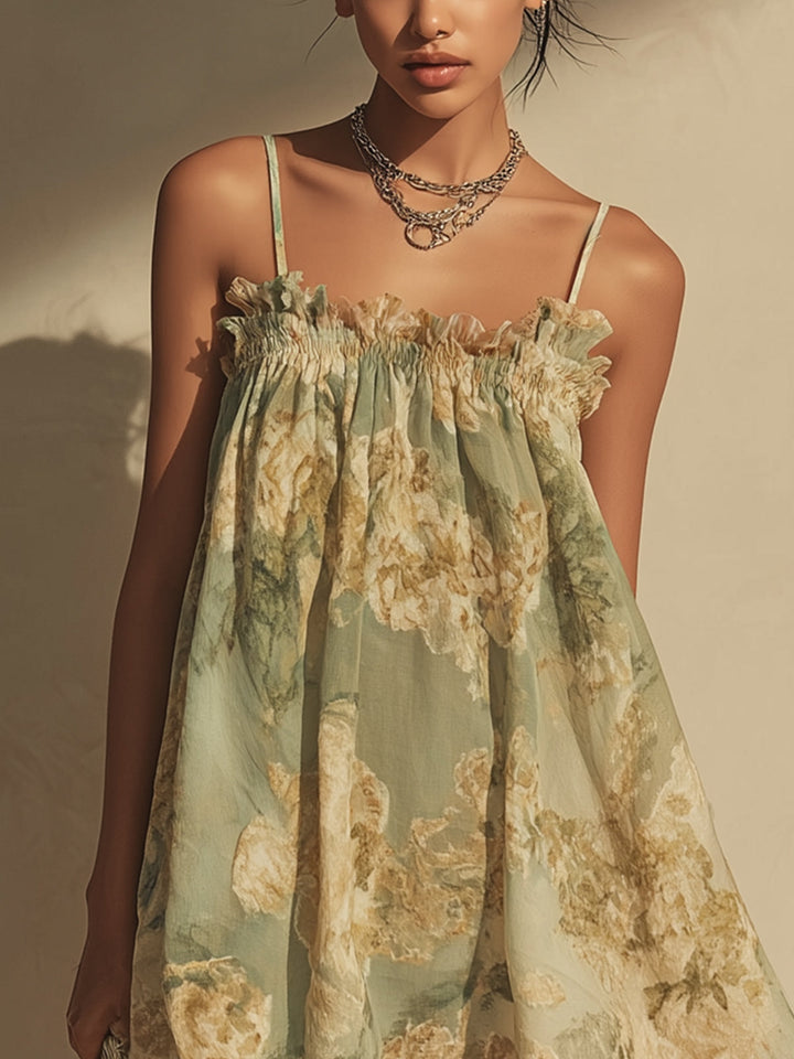 Asymetrické Zelené Květinové Chiffonové Šaty s Růžemi