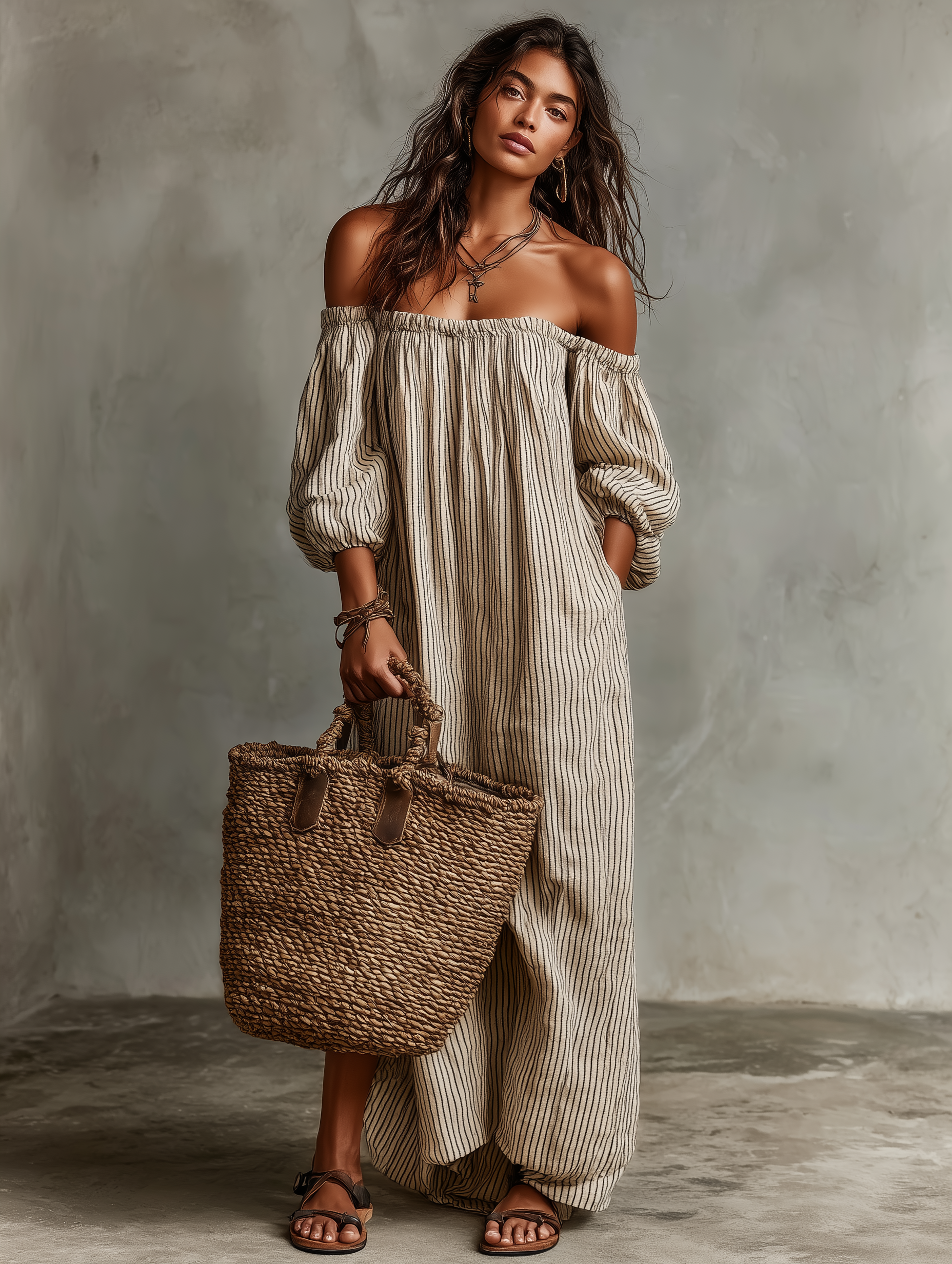 Carmen | Dlouhá bavlněná a lněná šaty s off-the-shoulder designem