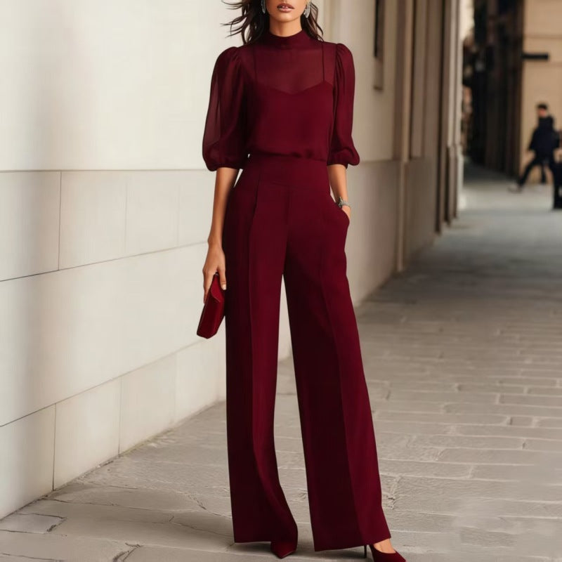 Emma | Elegantní průhledný top a široké kalhoty – 3dílná souprava