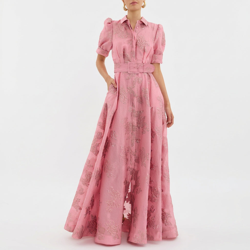 Matilde - Dlouhé Květinové Jacquard Šaty s Páskem