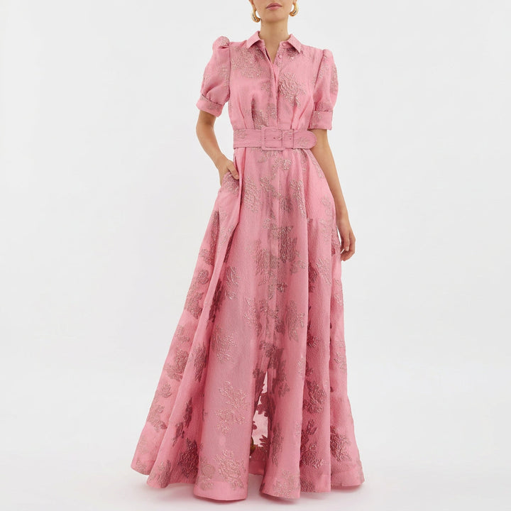 Matilde - Dlouhé Květinové Jacquard Šaty s Páskem