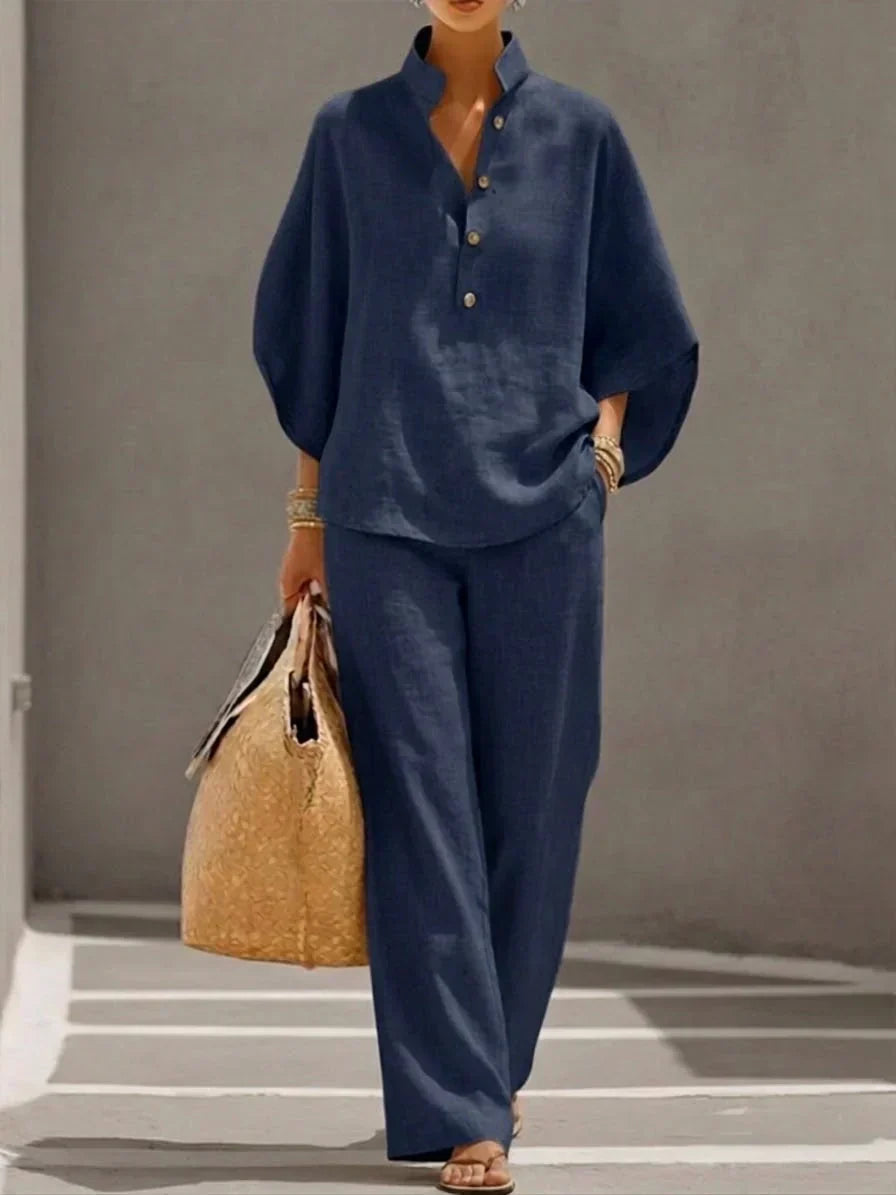 Sophie | Sada z plátna s topem s netopýřími rukávy a volnými kalhotami